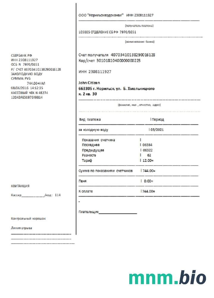 Szablon rachunku za media wodne w Rosji w formacie Word i PDF, w pełni edytowalny